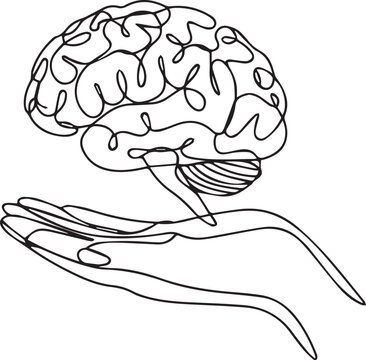 A line drawing of a human brain being held in a hand