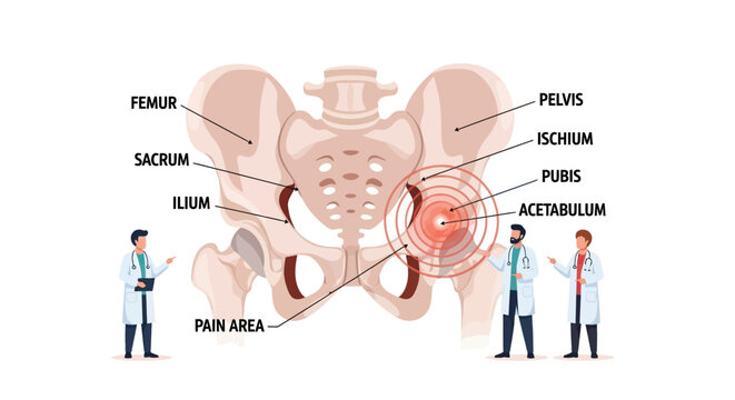 Human Pelvis Anatomy with Doctors and Hip Joint Pain Area