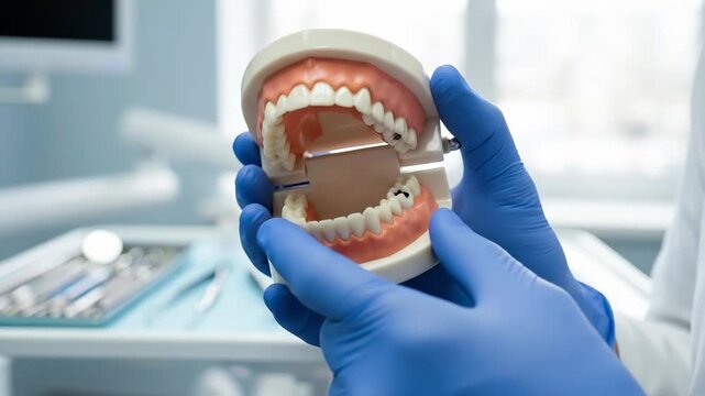 Close-up dentist holding teeth model in blue gloves, dental care and oral health education concept with clean clinical presentation, soft light, realistic detail, no logos