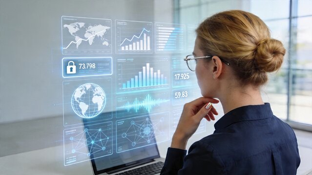Businesswoman analyzing digital dashboard data security financial growth charts futuristic interface technology hologram