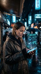 Fototapeta premium Rainy evening in the city woman using smartphone urban alley digital art night view technology concept