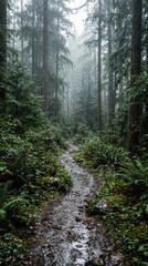 Obraz premium Serene forest path adventure enchanted woodland photography misty environment natural landscape concept