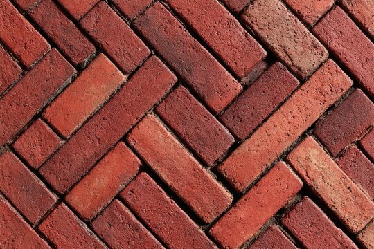 Close-up view of a red brick herringbone pattern walkway surface