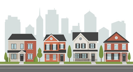 Fototapeta premium Vector illustration of suburban houses with city skyline