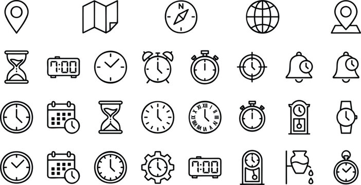 Location, Navigation, Time Management, and Alarm Icon Set with Calendar, Stopwatch, and Gear Symbols for Websites, Apps, and Digital Media Designs