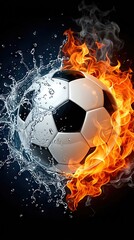 Naklejka premium Soccer ball split between elemental forces featuring splashing water on the left and burning orange flames on the right