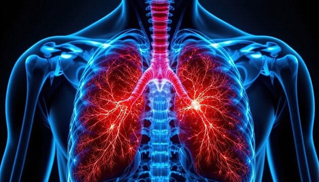 Illuminated Lungs and Upper Body Anatomy: Medical Illustration Depicting the Respiratory System and Skeleton in Detailed Neon Blue and Red