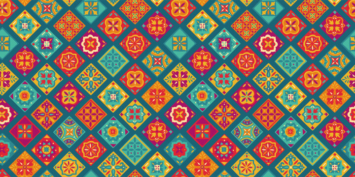 Fun and colorful abstract seamless pattern inspired by portuguese tiles, hand drawn, great for textiles, surfaces, wrapping - vector design