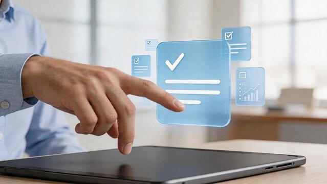 Businessman tapping digital tablet future holographic interface checklist with checkmark and data graph verifying documents on touch screen in modern office environment