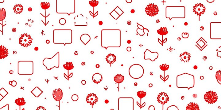Red outline illustrations of flowers, shapes, and speech bubbles create a white background pattern
