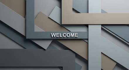 Modern metallic welcome sign on sleek gray building exterior with geometric design