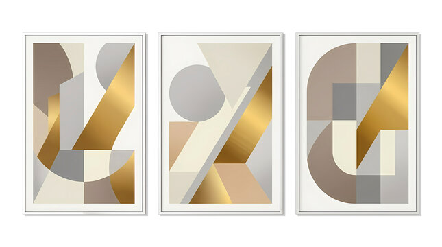 Three modern abstract geometric art prints featuring gold, beige, and grey shapes, perfect for contemporary interior decor.