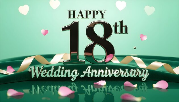 Elegant Happy 18th Wedding Anniversary Design with Green Background Ribbon Banner and Falling Flower Petals