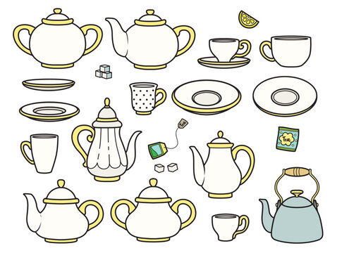 Tea and coffee-themed set of cups, saucers, teapots, and sugar bowls color variation