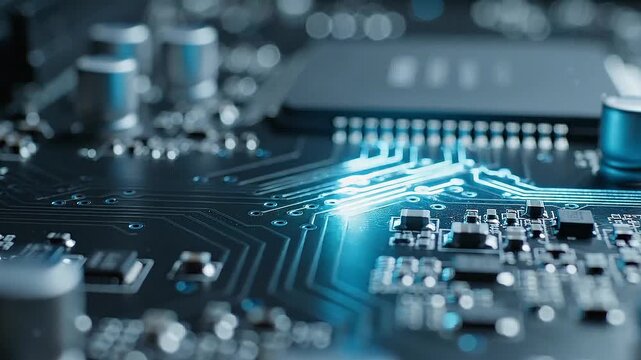 Circuit board with glowing blue lights and electronic components electronics.