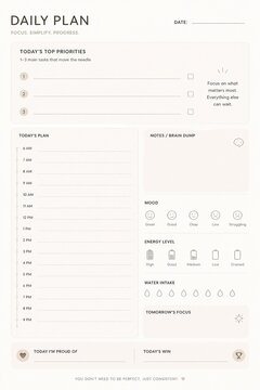 ADHD Daily Planner Minimal One Page with Priority Tasks Mood and Energy Tracker