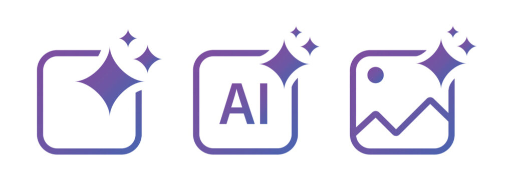 Set of generated AI icons. AI star symbol with a pointed and rounded tip. AI logotype. Artificial intelligence concept. Icon element for app and web. AI icon with shield protected. AI star icon. EPS10