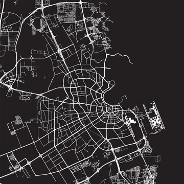 Doha Qatar Vector Map, Detailed City Street Map Black and White Minimalist Line Art