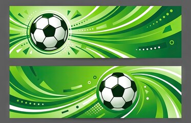 Obraz premium Two horizontal sports banners featuring a soccer ball centered in dynamic green swirling abstract lines and shapes