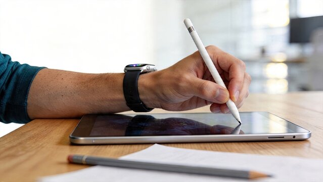 Business man using digital pen to draw on smart pad modern technology office work creative process hand holding stylus tablet screen display professional device remote work