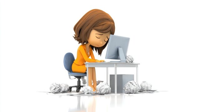 Overwhelmed Businesswoman Slumped at Desk, Surrounded by Crumpled Paper