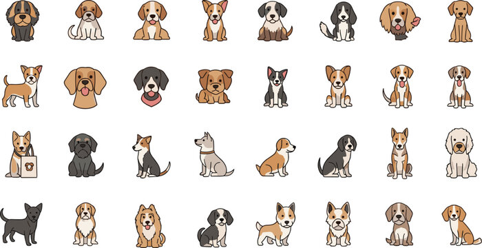 Vector Set of Cute Cartoon Dogs, Various Breeds Including Beagle, Poodle, Bulldog, and Dachshund in Fun Illustrations