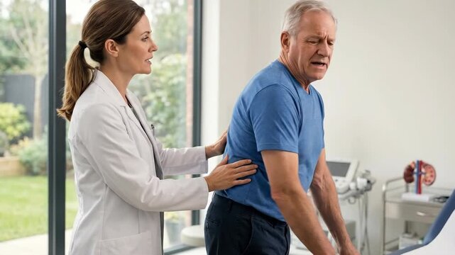 Healthcare expert assess: patient kidney, renal problem, medical exam, senior person, chronic illness, back discomfort, doctor consult, health issue, internal organ, human body, urgent care.