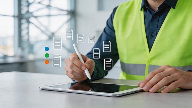 Business man using tablet device in office with digital document icons safety vest checking files