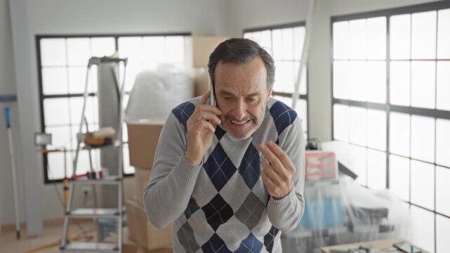 Man holding smartphone gesturing with hand inside building amid cardboard boxes and ladder; moving frustration.