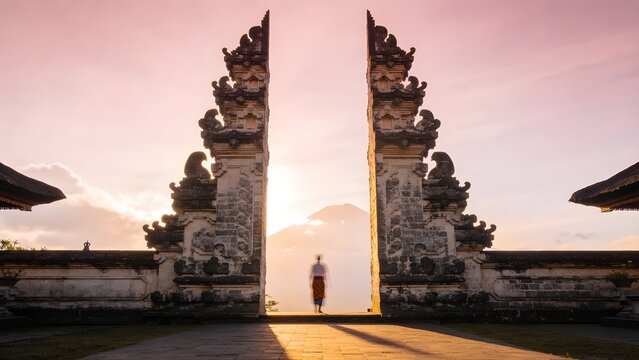 Balinese Temple Gateway Candi Bentar at Dawn with Blurred Figure in Traditional Sarong and Pink Sky