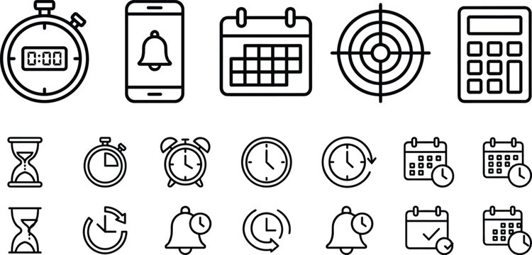 Time Management Icon Set with Stopwatch, Alarm, Calendar, Phone, and Calculator for Apps and Websites
