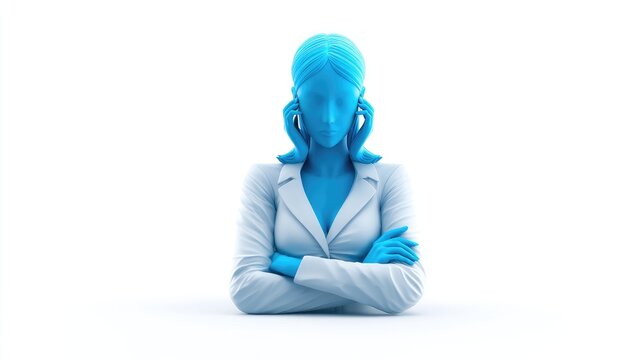 Pensive Blue Avatar in a White Coat, a Minimalist Study in Concentration and Stress.