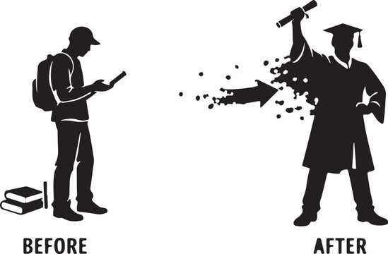 Student transforming into graduate, before-after silhouette 