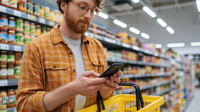 Young man with beard and glasses uses smartphone in supermarket aisle with shopping basket