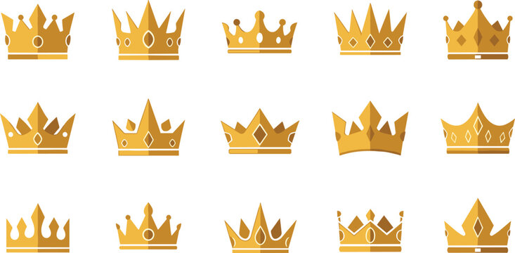 Vector Set of Minimalist Gold Crowns, Simple Crown Designs with Geometric Shapes and Elegant Royal Headpieces