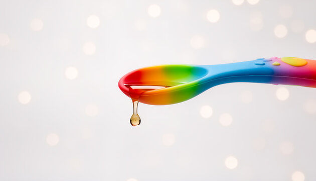 colorful rainbow plastic baby spoon dripping golden liquid syrup medicine against soft blurred bokeh lights background pediatric healthcare nutrition wellness concept