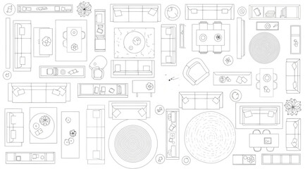 Modern furniture top view set for interior floor plan design vector collection of sofas, tables, chairs, rugs, and plants © S.Siam