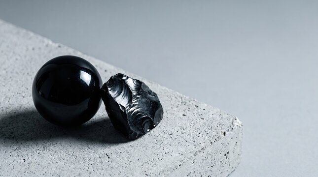 Black glossy stone eggs on concrete.