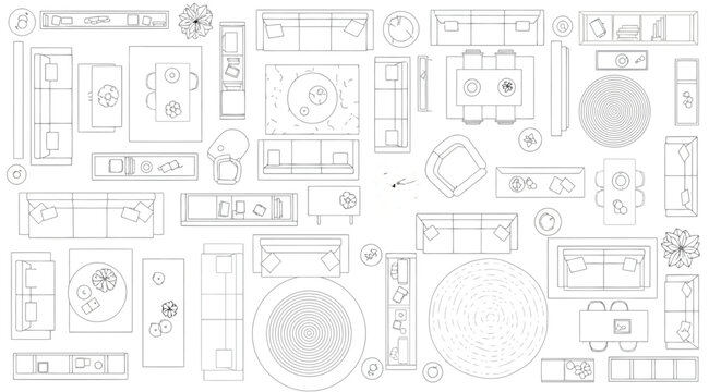 Modern furniture top view set for interior floor plan design vector collection of sofas, tables, chairs, rugs, and plants