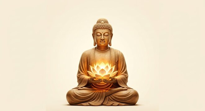 Serene golden Buddha statue sitting in a meditative pose holding a glowing lotus flower against a cream background