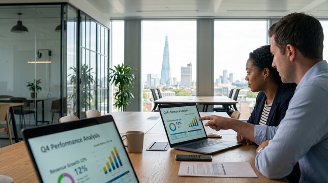 Professionals analyze performance data against a vast city skyline. It serves as a visual metaphor for high-level perspective and the precision required to navigate a competitive global landscape.