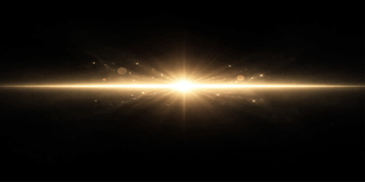 Bright sun rising over the horizon with glowing light rays and clouds in a blue sky scene