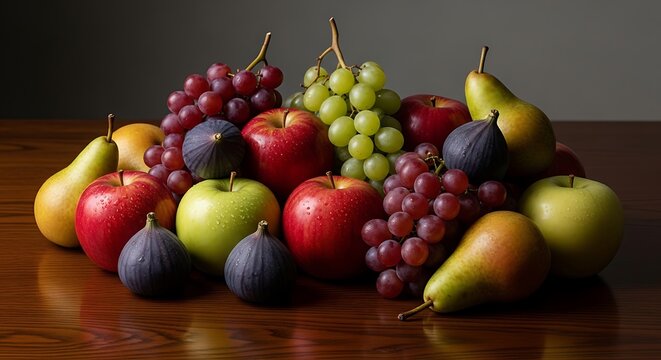 Fresh fruit on wooden table.