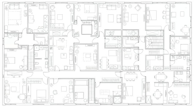 Detailed architectural floor plan of a large residential apartment complex with multiple units