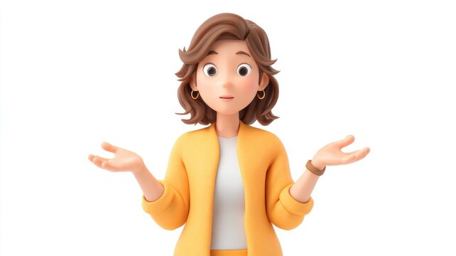 Puzzled 3D Cartoon Woman in Yellow Jacket Shrugging Shoulders with Uncertainty