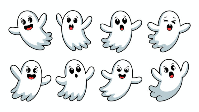 Cute Funny Ghost Character Set with Halloween Cartoon Icons