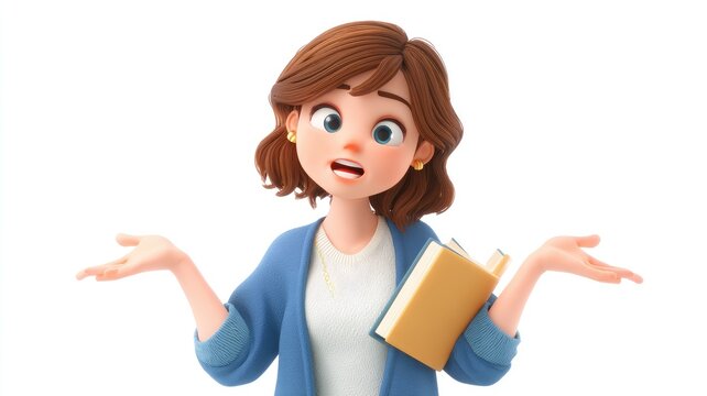 Puzzled 3D Woman with Wide Eyes and Book Shrugs in Helpless Confusion