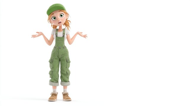 Puzzled cartoon girl in green overalls shrugging with a clueless, questioning expression.