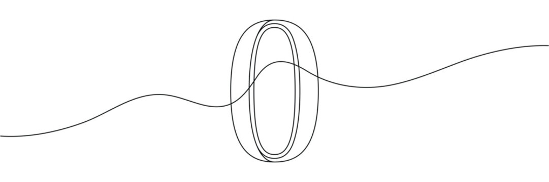 Continuous one line drawing of number zero with wavy horizontal line minimalist black white art. Editable stroke outline. Single contour art. Doodle hand drawn vector illustration