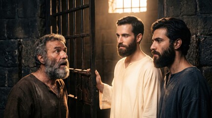 Fototapeta premium Angel opening prison doors for bearded apostles in ancient dungeon. Biblical scene from Acts of the Apostles. Divine liberation, spiritual miracle and faith in God message.